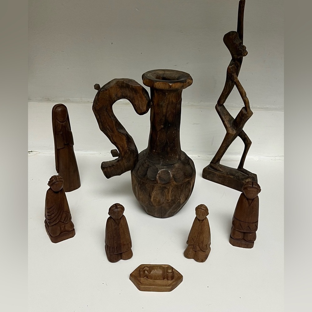 Hand Carved Wooden Pitcher Vase with Hand-Carved Figurines - Dark Brown